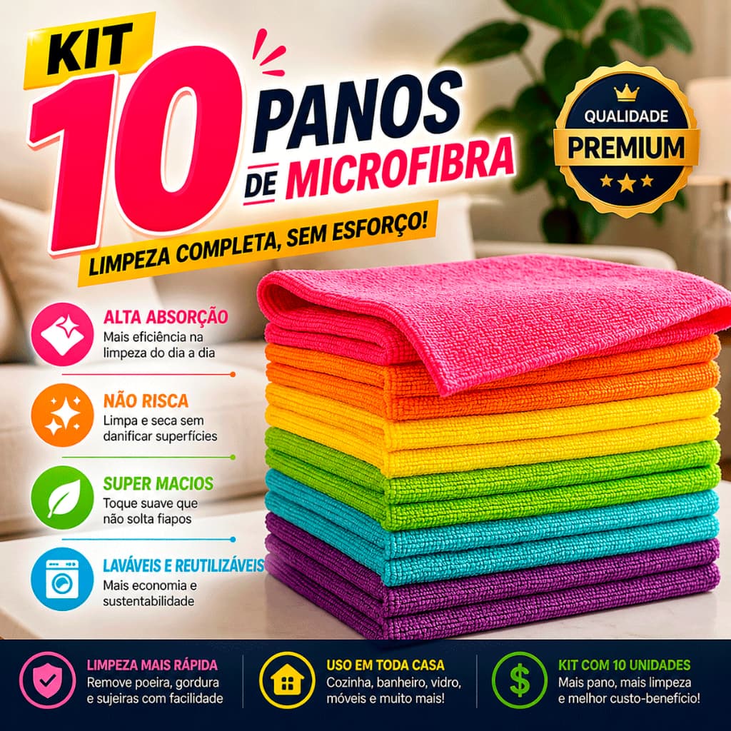 Kit 10 e 5 Panos de Microfibra Premium 40x60 para Limpeza com Alta Absorção Multiuso