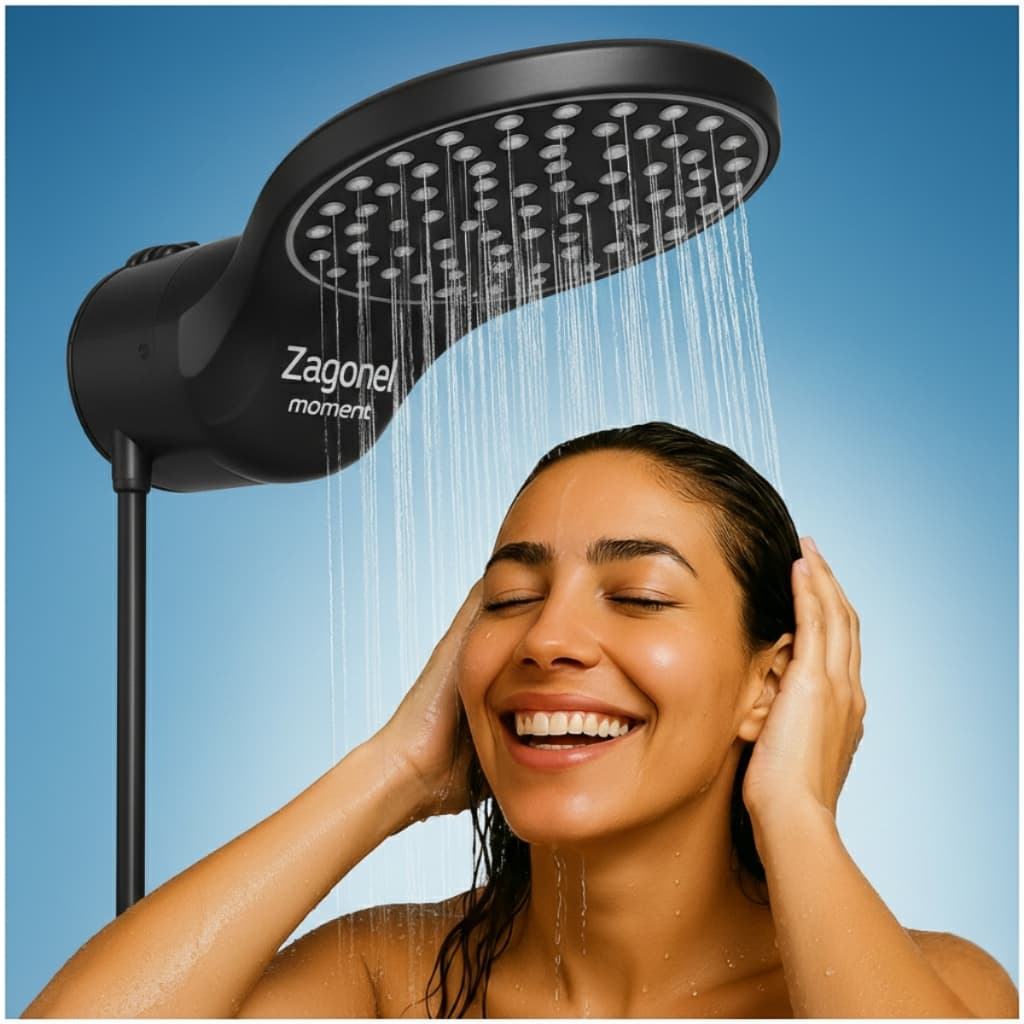 Ducha Chuveiro Eletronico Moment Preto Zagonel 127v e 220v Moderno Grande Potente Alta Pressao