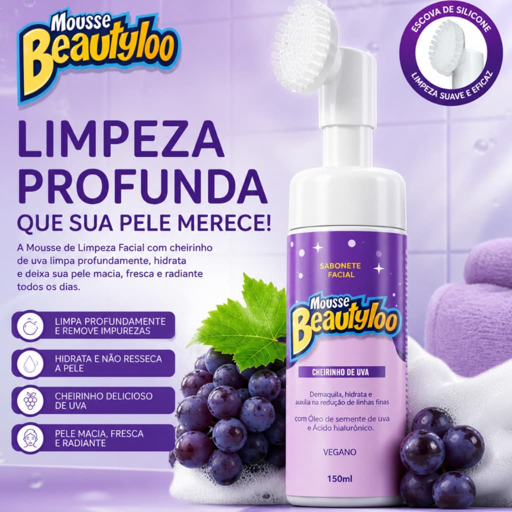 Kit 2 Mousse Micelar Uva Beautylool 150ml  – Limpeza Suave + Sabonete Facial Vegano