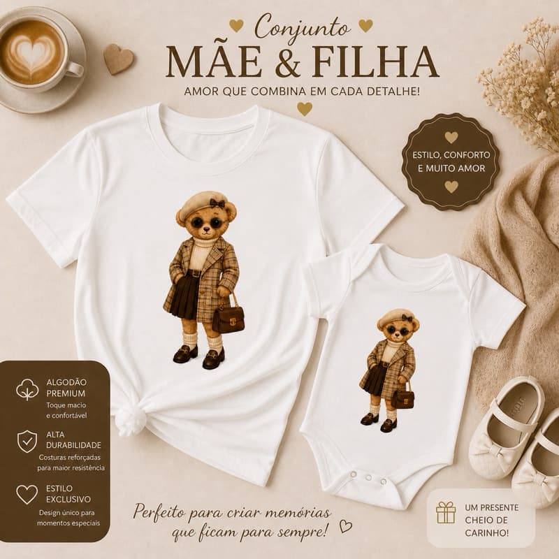 Conjunto Mãe e Filha Ursinho Fashion 1 Camiseta +1 Body (ou Camiseta) 100% Algodão Tendência Presente Perfeito