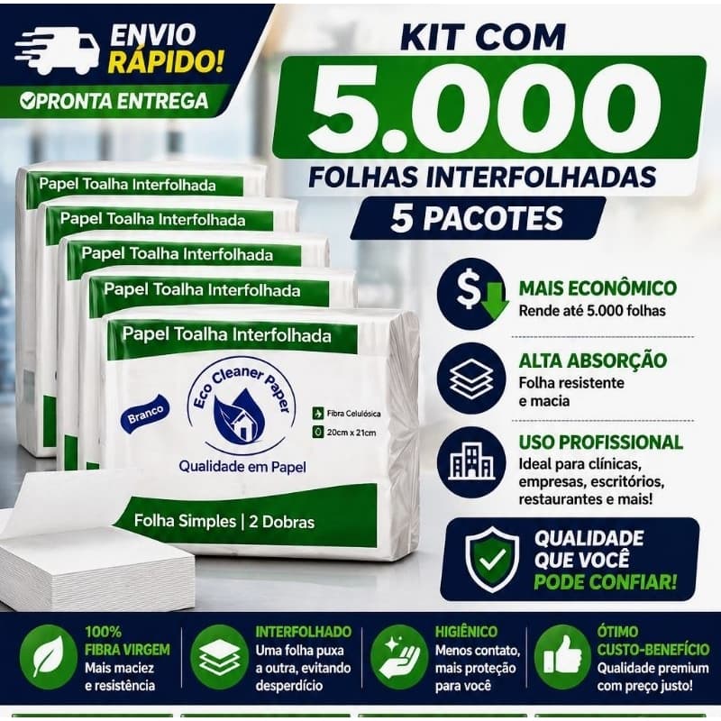 Papel Toalha Interfolha 5.000 Folhas 5 Pacotes 20x21 Alta Absorção Econômico Uso Profissional4
