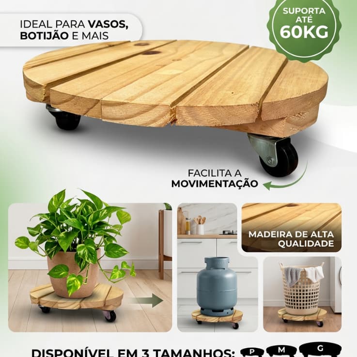 Suporte Vaso de Planta Botijão de Gás Madeira com Rodinhas Reforçado Carrinho Gás de Cozinha