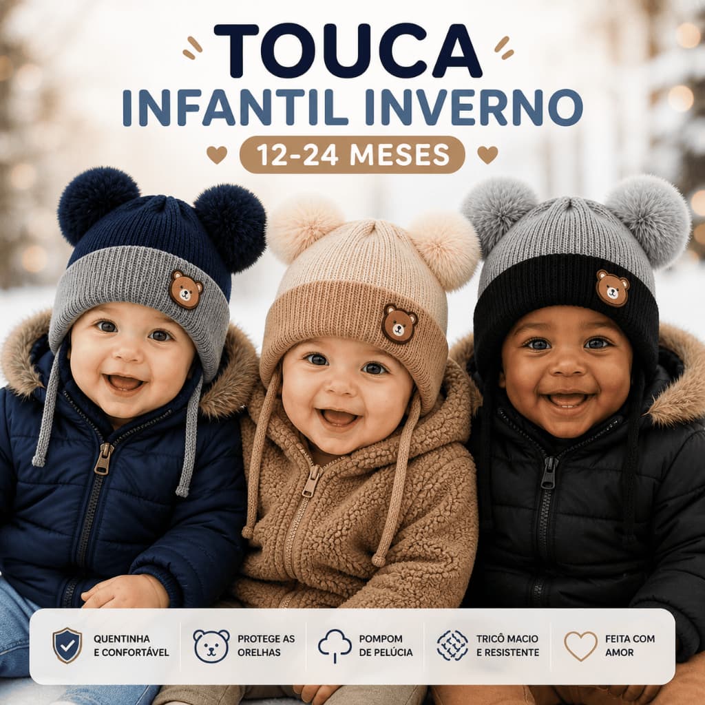 Touca Ursinho Pompom Touquinha Gorro Forrado Infantil Bebe Infantil Menino 1-2 Anos