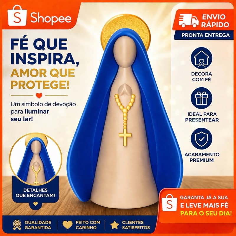 Escultura  decorativa Nossa Senhora Decorativa com Manto Azul   Impressão 3D – Branco, Bege e Preto e Detalhes Dourados