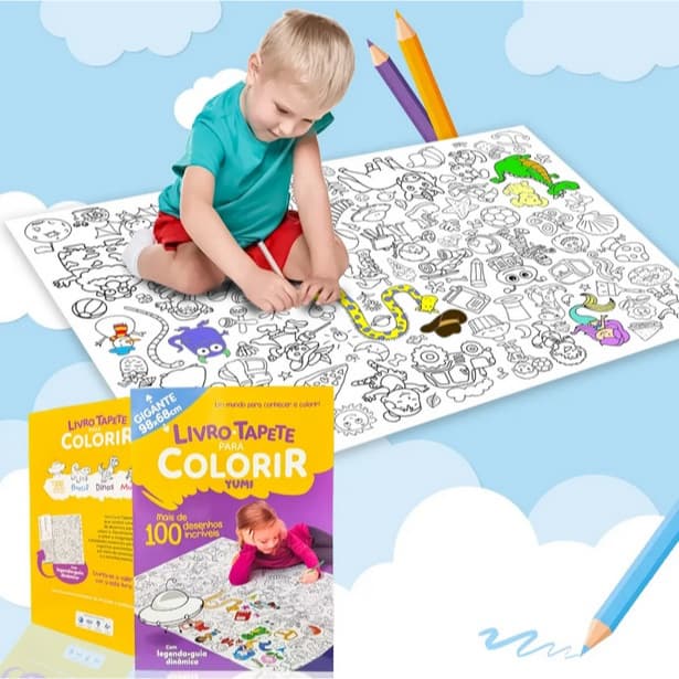 Livro Tapete para Colorir Gigante 98x68cm Infantil Educativo +100 Desenhos