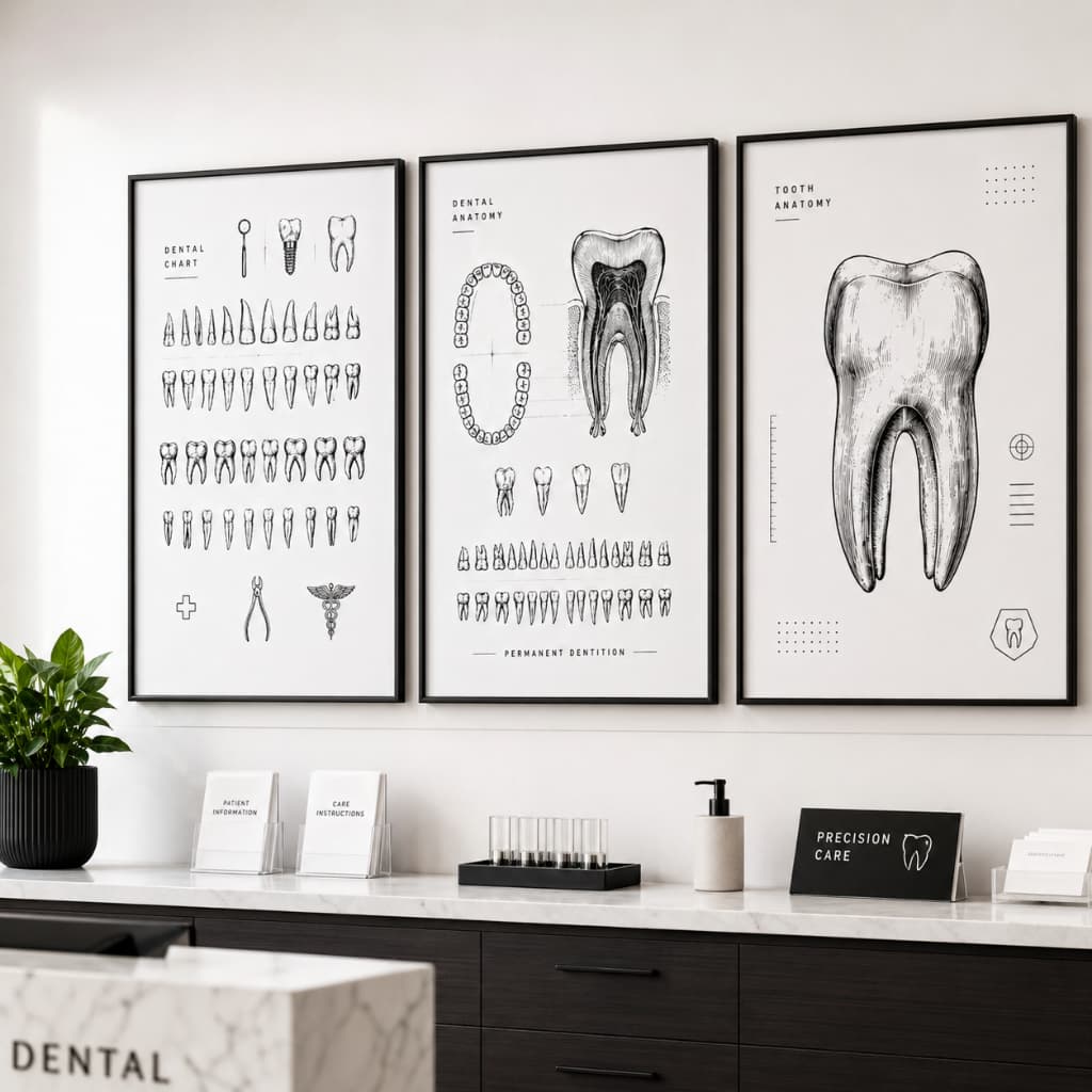 Quadros Odontologia Decorativos Kit 3 Peças Anatomia Dente Clínica Dentista Preto Branco Moderno