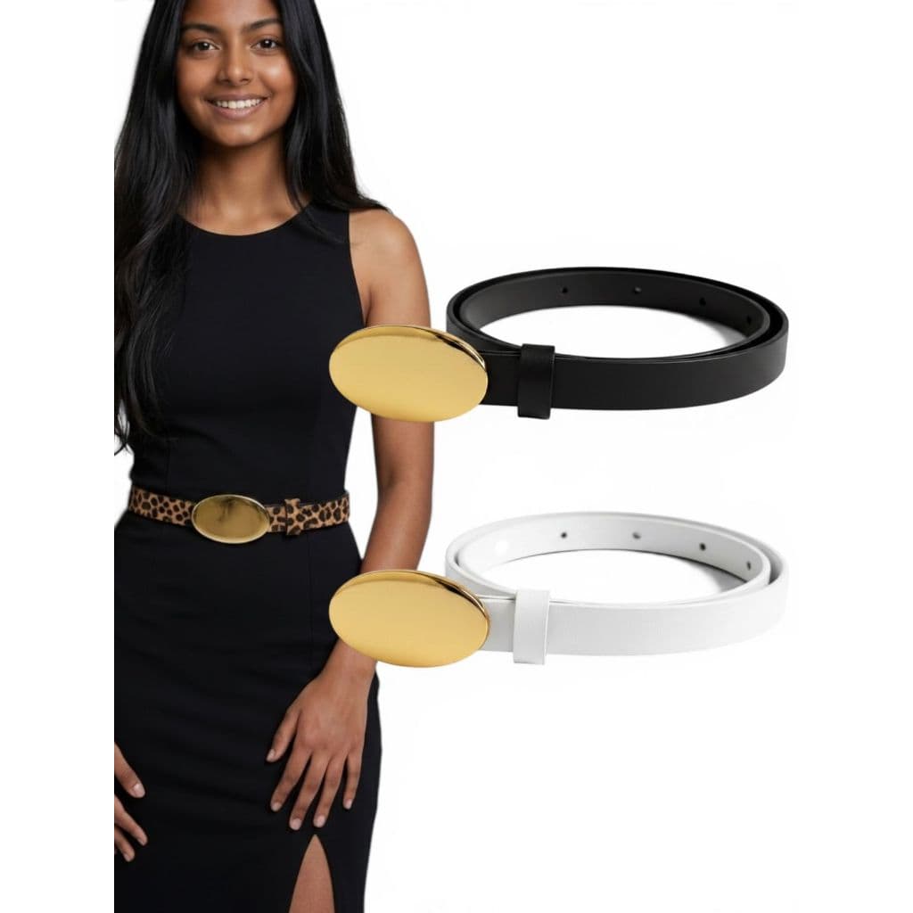 Kit2 Cinto Feminino Elegante Fino Chique Fivela Dourada Couro Sintético Da Moda - Rebeca