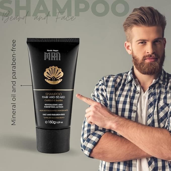 Shampoo para Cabelo e Barba para homem, Ação Revitalizante e Fortificante, Sem Sal e Sem Parabenos 150ml - Pérola Negra
