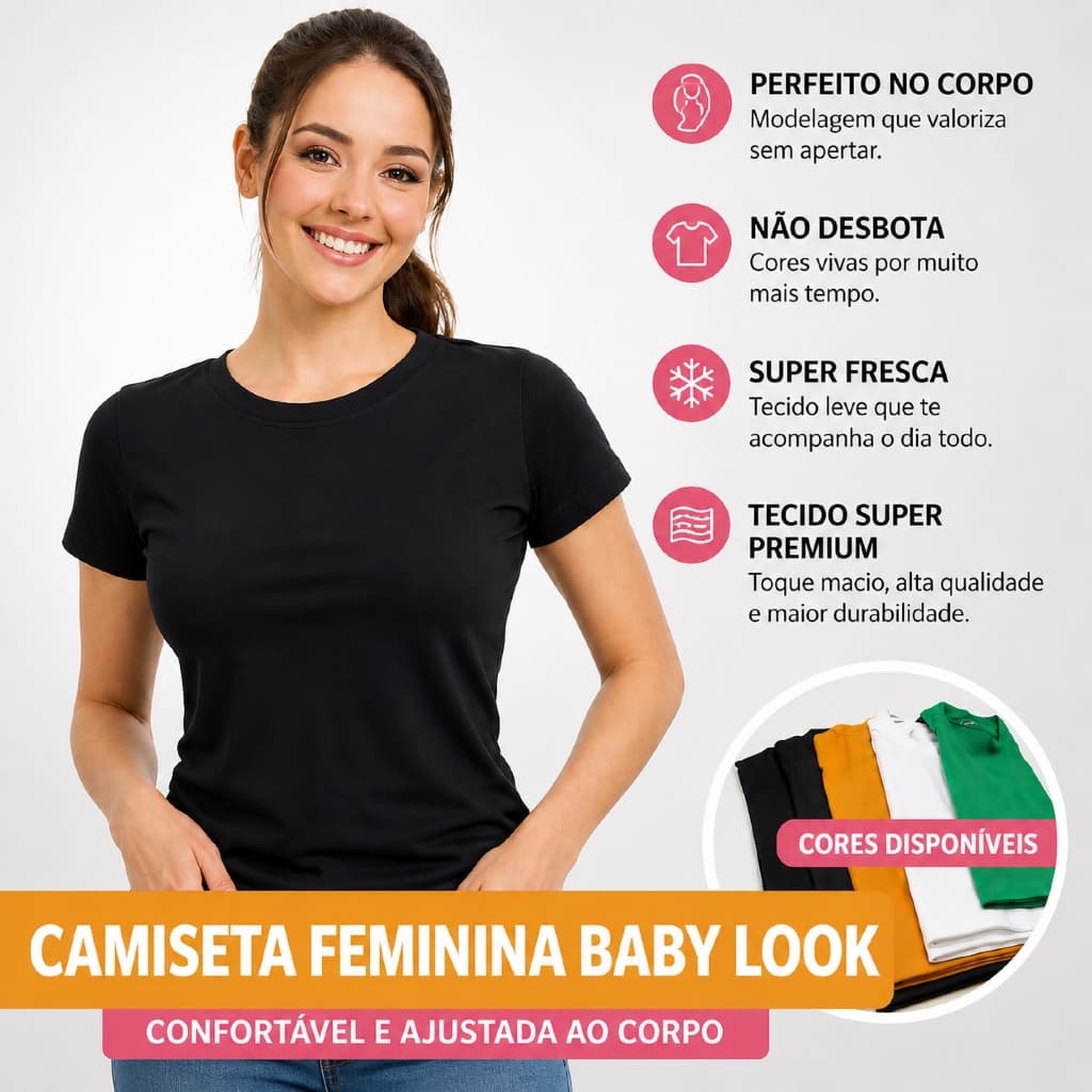 T Shirt Camiseta Feminina Baby Look Viscolycra Elastano Básica Ajusta Ao Corpo Confortável Essencial