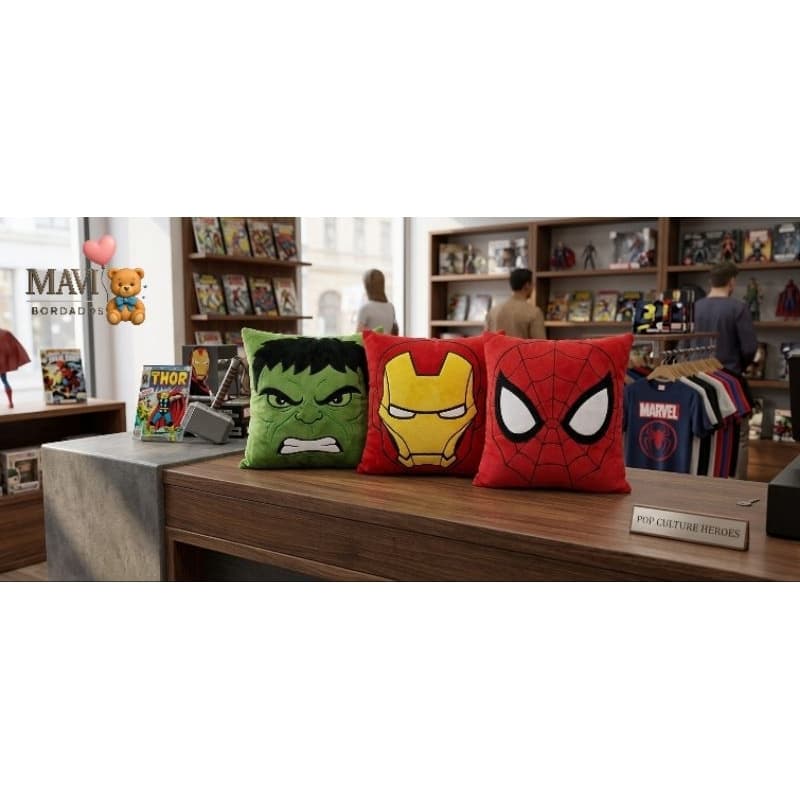 Almofada Quadrada Bordada Super-heróis | Homem Aranha | Homem de Ferro | Hulk | Presente