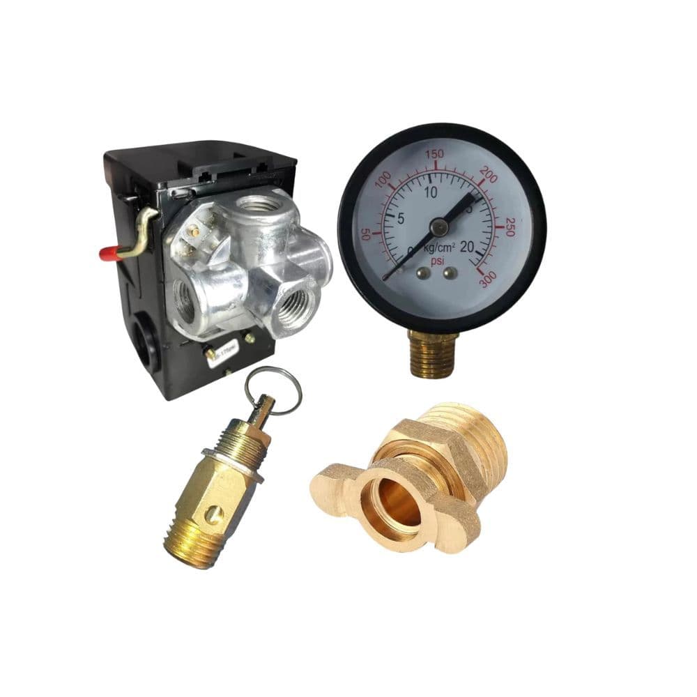 Kit Completo Compressor 80/120 PSI – Pressostato 4 Vias  + Válvula de Segurança  +  Dreno Purgador 1/4 NPT