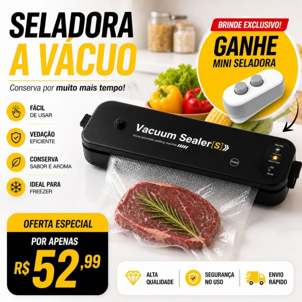 Seladora a Vácuo Para Alimentos Portátil Doméstica 110V Acompanha Brinde