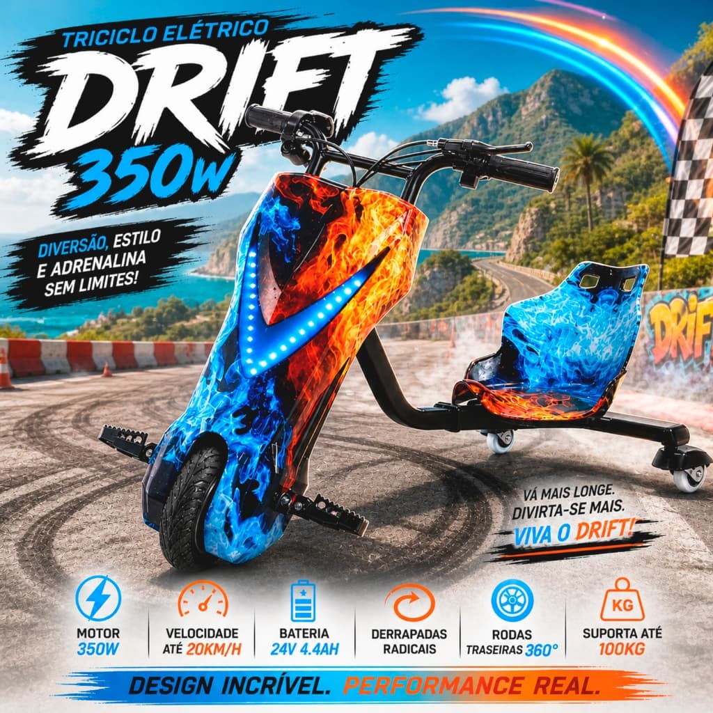 Triciclo Elétrico Drift 8'Polegadas 350w Com Bluetooth Luz Led Bateria Recarregavel 3 Velocidades