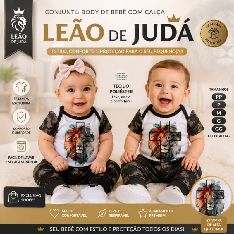 Conjunto Body Bebê Leão De Judá Camuflado Com Calça Body Bebê estampa evangélica