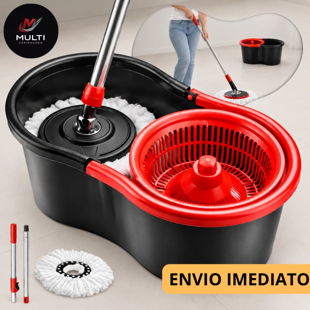 Mop Giratório Plástico 360° com Refil Incluso ou Avulso Balde 8 Litros e Cesto Cabo de 120 cm