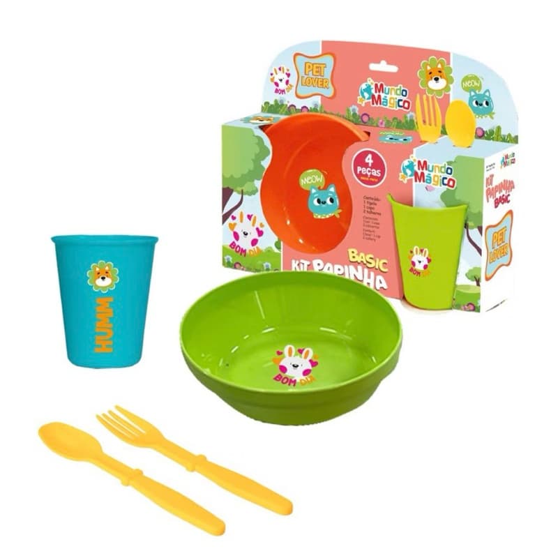 Kit Papinha Mundo Mágico 4 Peças Com Caneca Tigela e Talheres