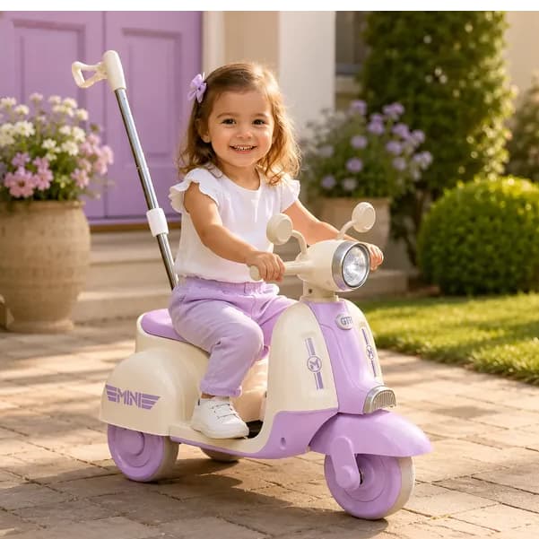 Motoca Elétrica Infantil Lilás com Empurrador e Música – Diversão Garantida - Moto Motinha P/ Crianças