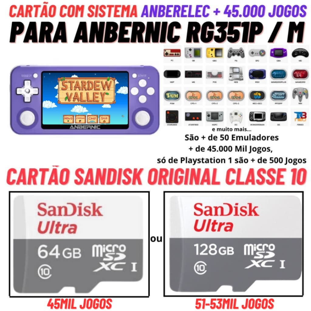 Cartão Original para Anbernic RG351P / V / M com Sistema e Jogos Plug in Play Só Plugar e Jogar Cartão Sandisk Original