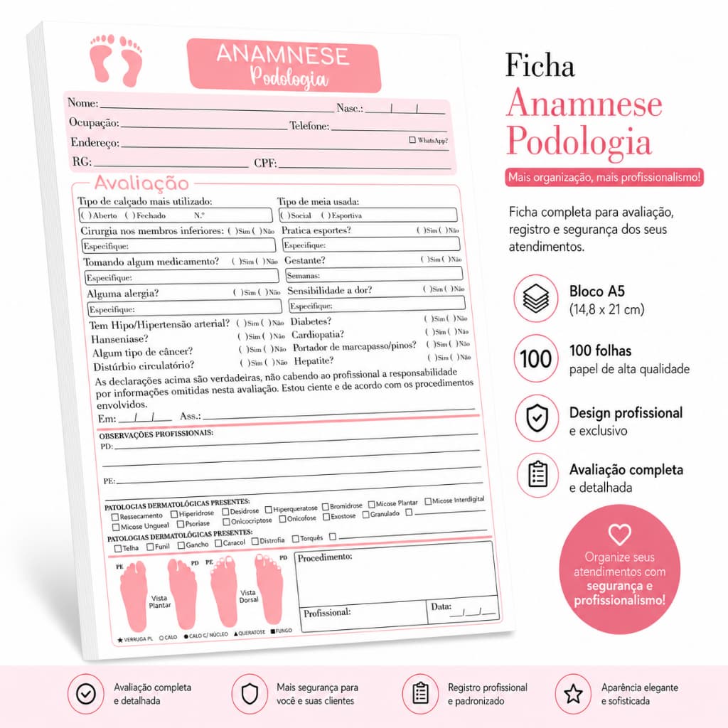 Ficha de Anamnese Podologia (100 folhas) - Bloco de Anamnese Podologia