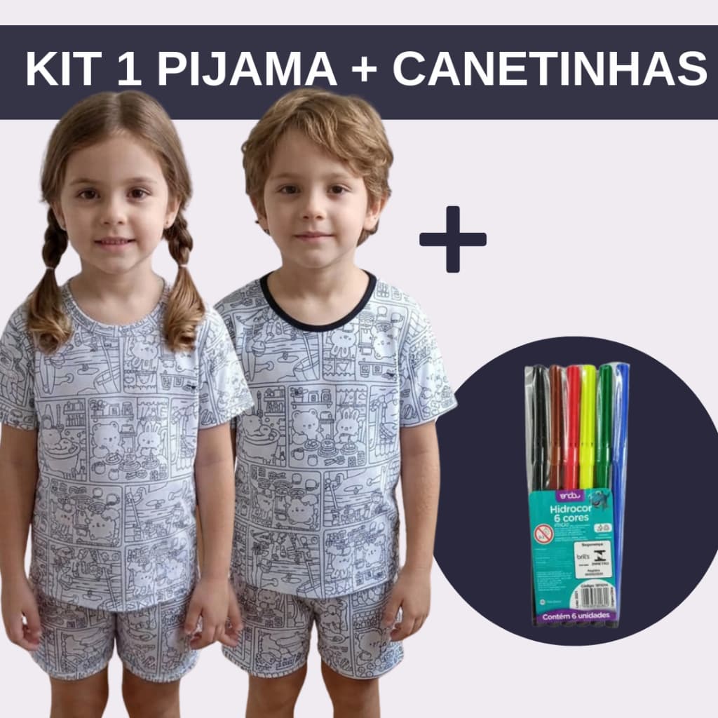 Kit 1 Pijama Infantil Curto para Colorir + 1 Kit Canetinhas