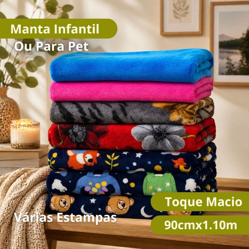Manta Infantil ou de PET 100% Microfibra Estampas Variadas 90cmx1,10m