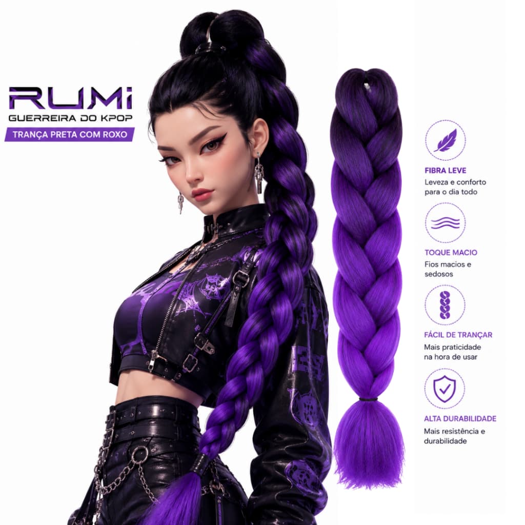 Jumbo Roxo p/ Fazer Trança guerreiras K-pop Rumi Hunters 330gr 60cm Fibra Sintética Premium