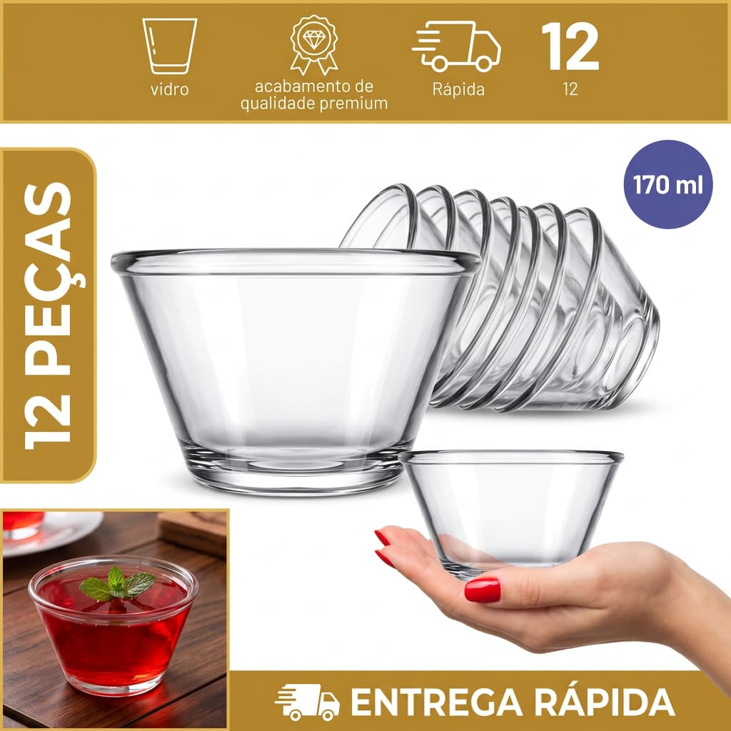 Kit Jogo de 12 Tigelas de vidro Multiuso Nadir Poli 170ml transparente Pronta Entrega