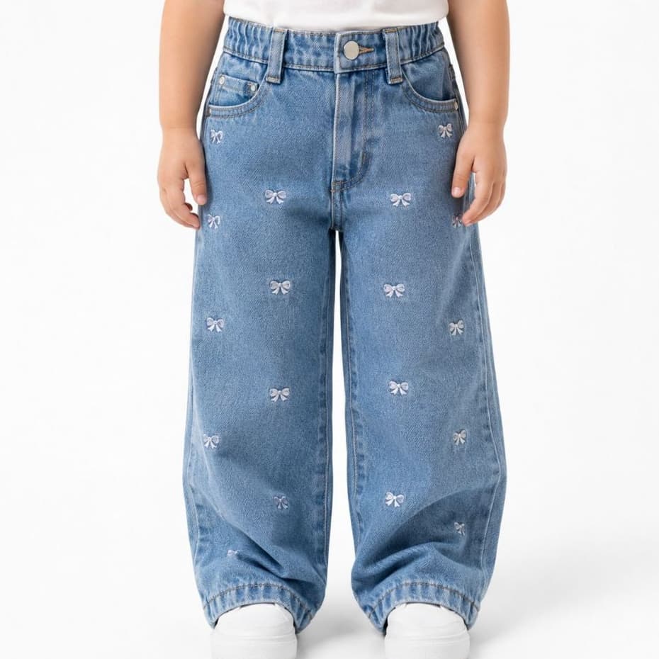 Calça Jeans Wide Leg Infantil Menina Com Bordado Laço Moda Gringa Luxo 100% Algodão 1 a 3 anos