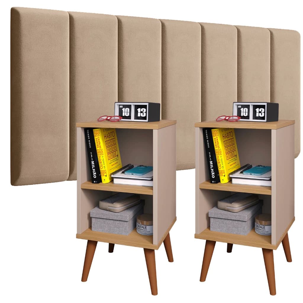 Conjunto Kit 2 Mesas de Cabeceira Com Cabeceira Estofada Cama Box 140 cm ou 160 cm Modulada