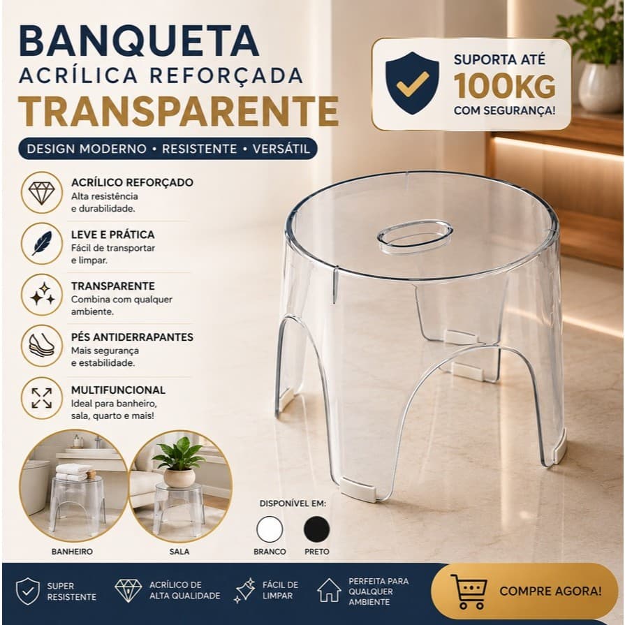 Banqueta Acrílica Transparente Banco Moderno Leve e Resistente para Sala, Quarto ou Banheiro - Até 100kg