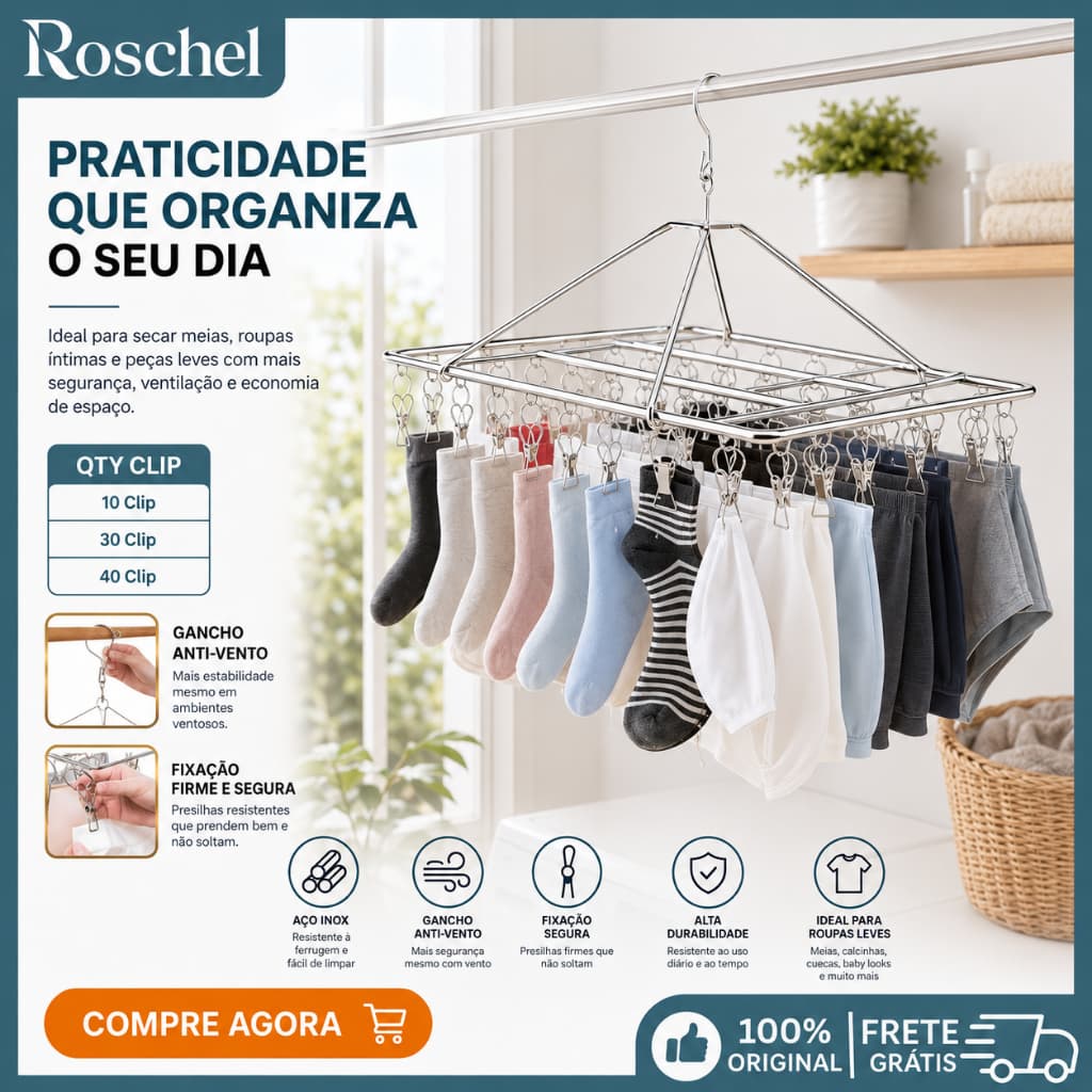 Varal 30 Prendedores Aco Inox Suspenso com para Roupa Intima Meias e Roupas Bebê