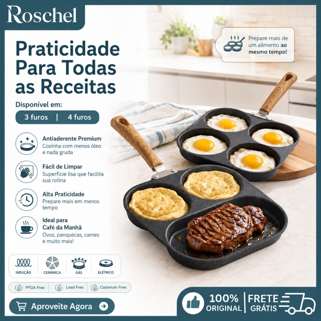Frigideira Multifuncional Antiaderente 4 Em 1 Para Ovos, Hambúrguer e Omelete com Cabo De Madeira