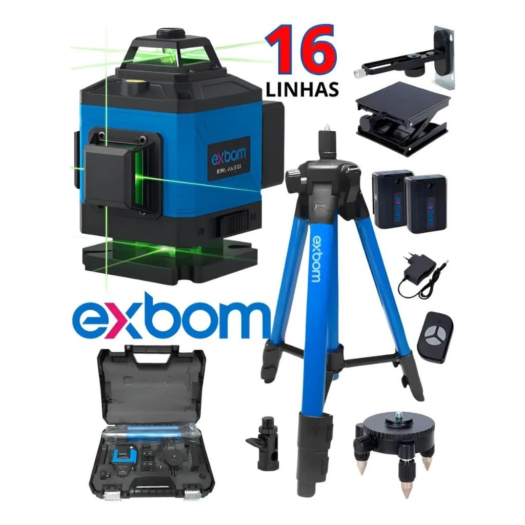 Nível Laser 16 Linhas + Tripé  + Maleta 2 Baterias 360 Exbom / Xcold's