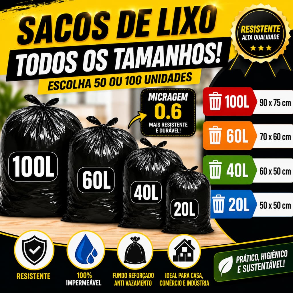 Saco de lixo Resistente com 100 ou 50 unidades 100L/60L/40L/20L escolha a o tamanho e quantidade