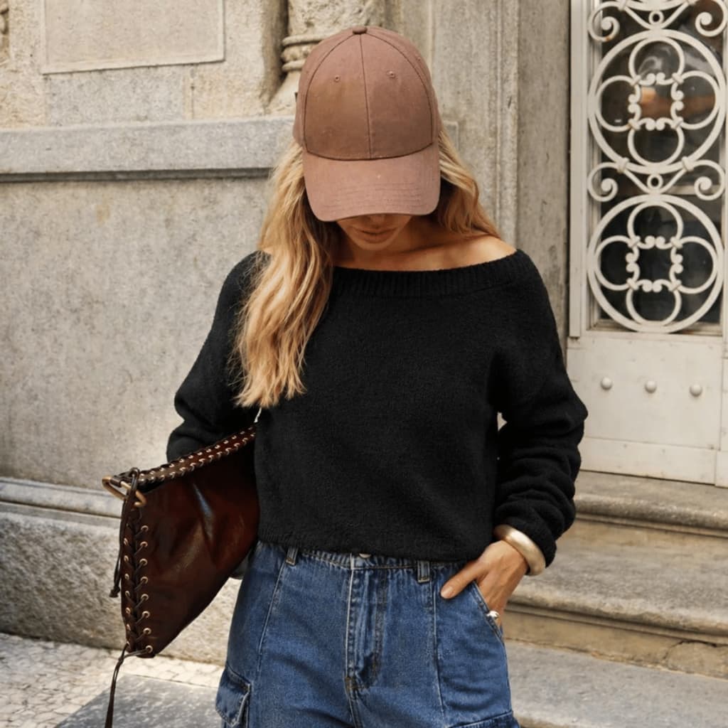 Blusa Feminina Elegante Mousse Tricot Premium Ombro a Ombro Básica Inverno Frio Blogueira