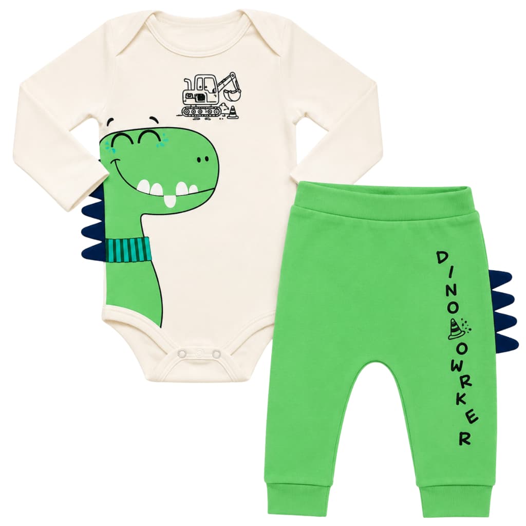 Conjunto Bebê Menino Dinossauro Body Manga Longa e Calça Mijão Suedine 100% Algodão