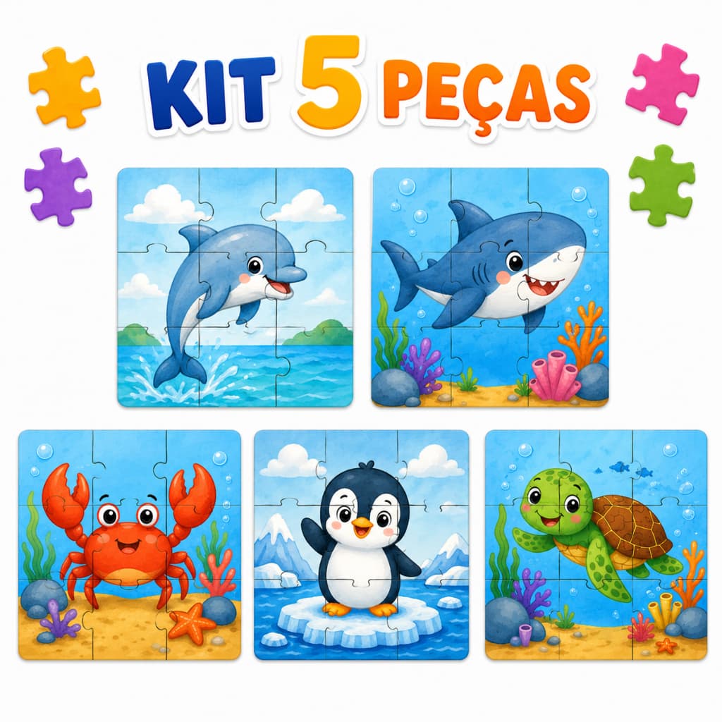 Kit 5 Quebra-Cabeça Infantil Educativo Madeira Mdf Animais Selva Fofos Brinquedo Pedagógico Desenvolvimento 9 Peças cada