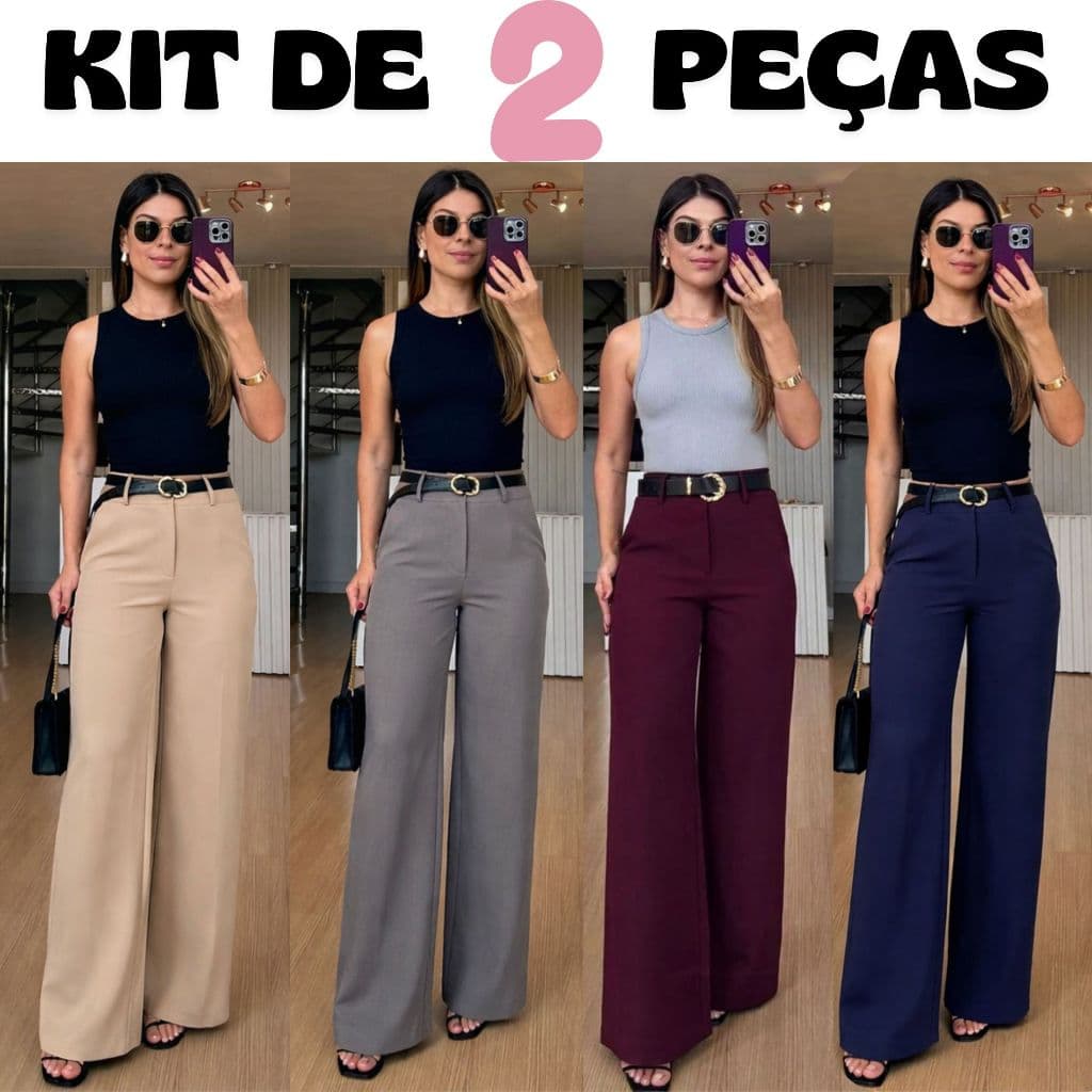 kit 2 Calça Pantalona Alfaiataria Premium Com Bolso Funcionais Cintura Alta PROMOÇÃO