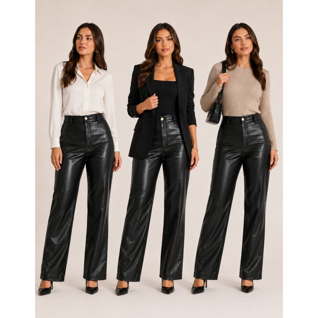 Calça Feminina Couro Fake Pantalona Cintura Alta Elegante Com Ziper e Botão
