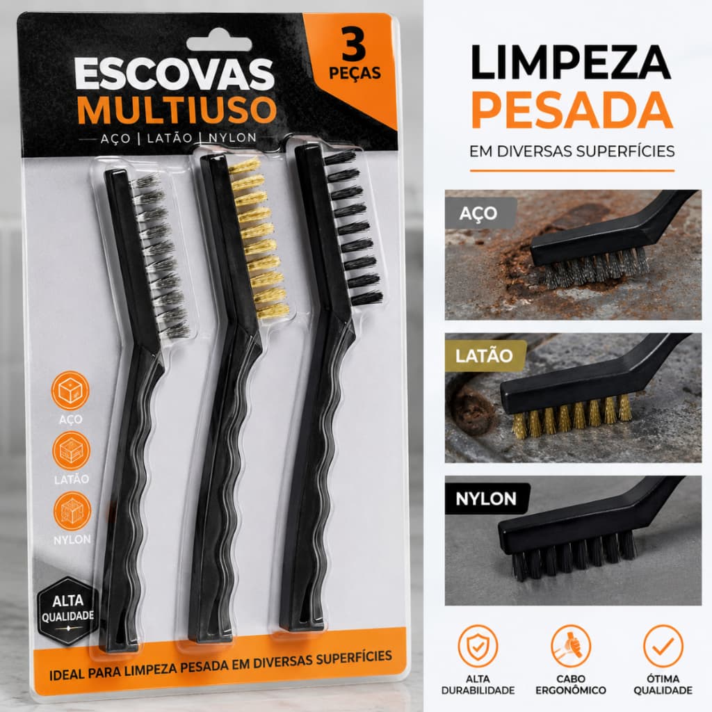 Escova de Aço Escovinhas de Limpeza Remoção Kit 3 Peças Multiuso