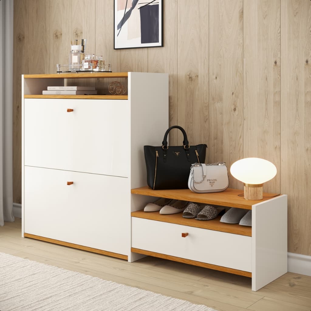Sapateira Multiuso com Nichos 3 Portas Basculantes Off white Moderna para Hall Quarto e Closet