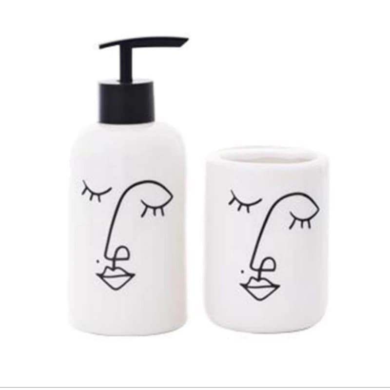 Kit Banheiro Lavabo 2 Peças Faces Branco Dispenser Porta Sabonete Liquido Porta Escova Luxo 320 ML