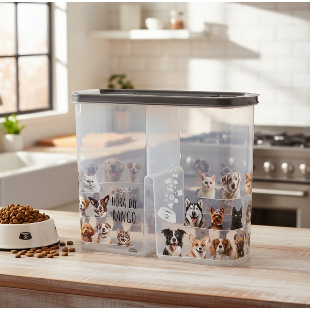 Pote Ração Duplo Organizador Pet Cachorro Gato Vasilha C/ Tampa - Plasútil