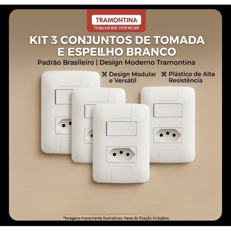 Conjunto Interruptor + Tomada Tramontina Aria Kit 03 Unidades 2P+T 10 A