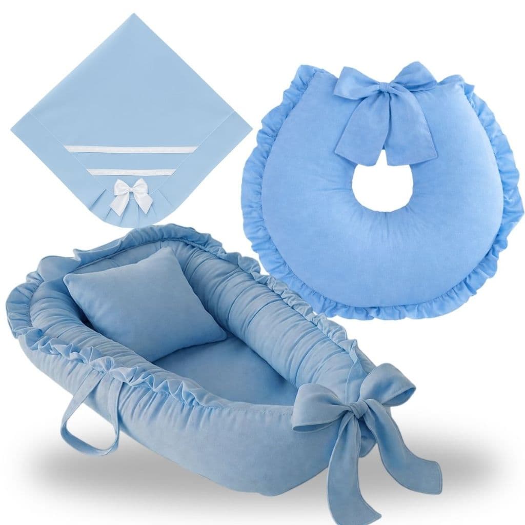 Ninho Redutor de Berço Almofada Para Amamentação Manta Saída Kit 3 Peças Enxoval Bebe Menino Azul