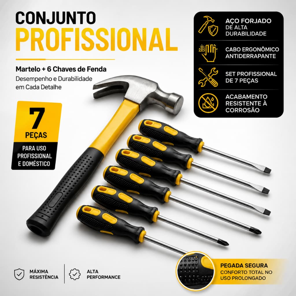 Kit ferramentas 7 PC Martelo + Jogo de chaves philips fenda