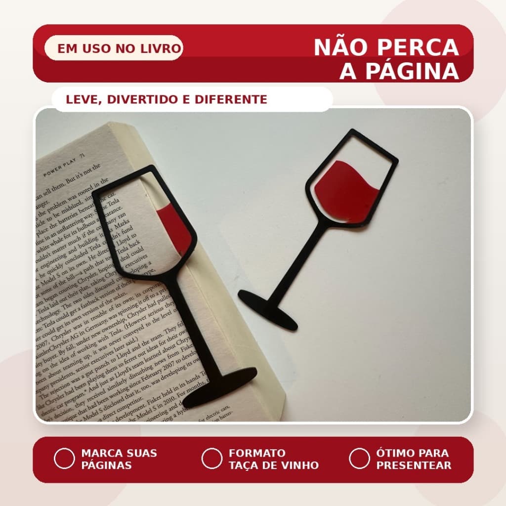 Kit Com 3 Marca Páginas Em Formato de Taça de Vinho - Leitura - Livros - Diários