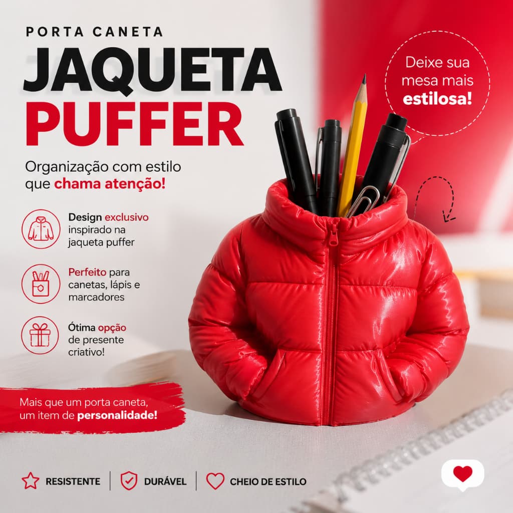 Suporte de Caneta Jaqueta Puffer | Lindo e Muito Útil