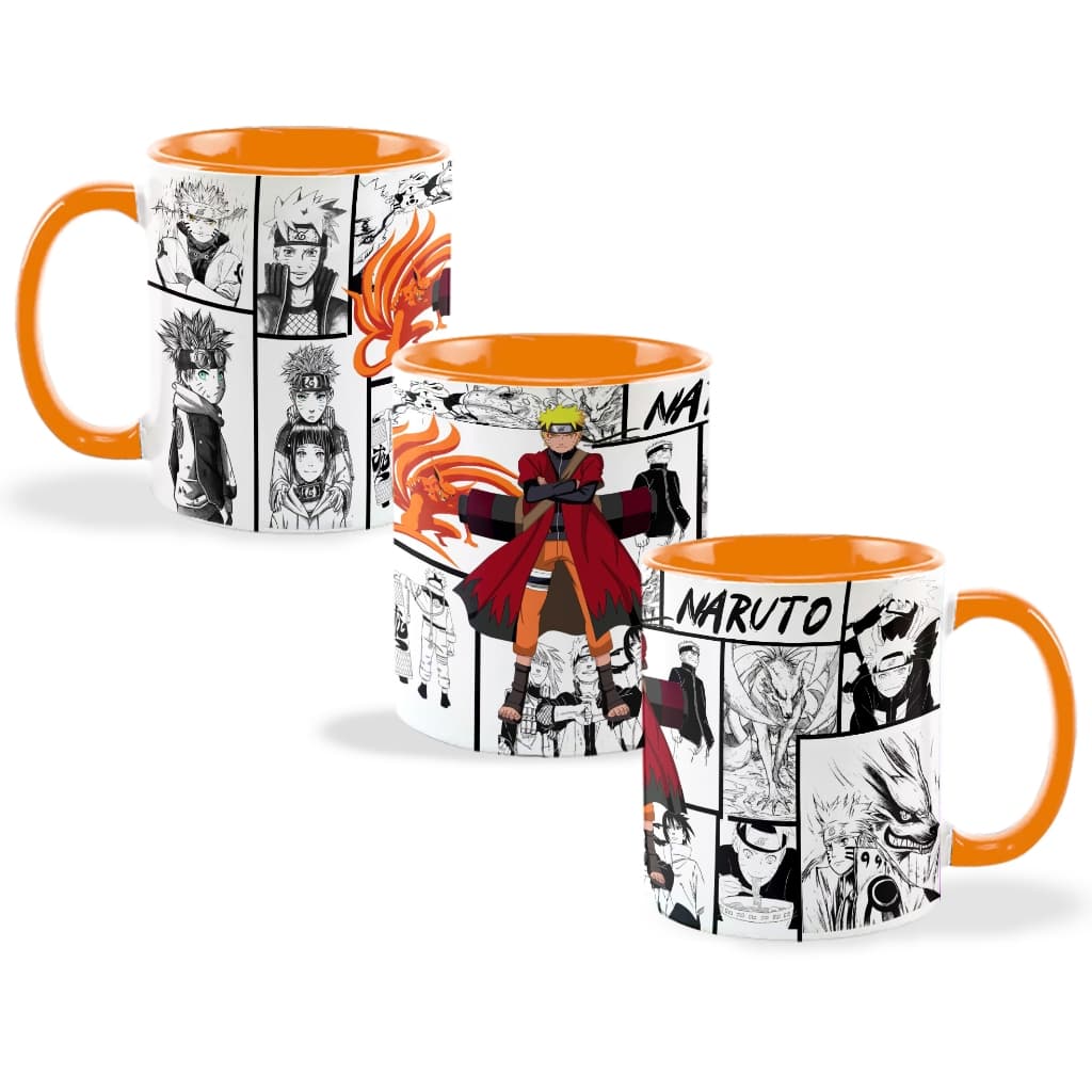 Caneca do Naruto Modo Sennin Interior e Alça Colorida Nove Caldas Konoha Cerâmica 325ml