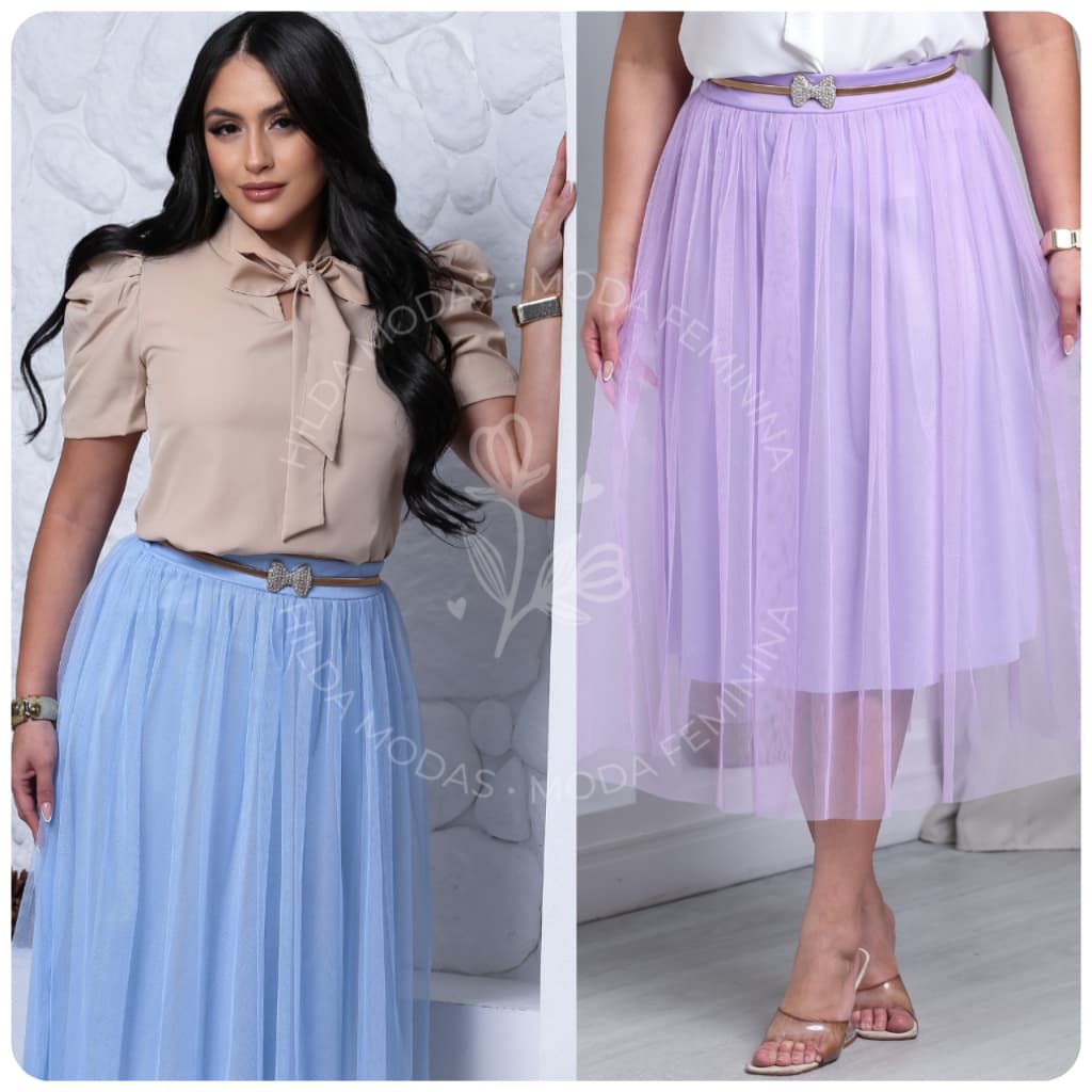 Saia Tule Midi Lisa Básica Elegante Forrada Lisa Moda evangélica Fardamento Festividade Congresso